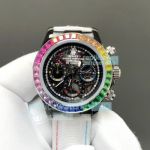 AAA Clone Rolex Rainbow Daytona Skeleton Dial Quartz Watch White Braided Strap 